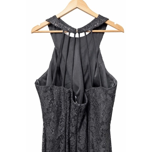 Morgan & Co Black Sequin Lace Halter Maxi Gown Strappy Back Womens 16W - Picture 6 of 12